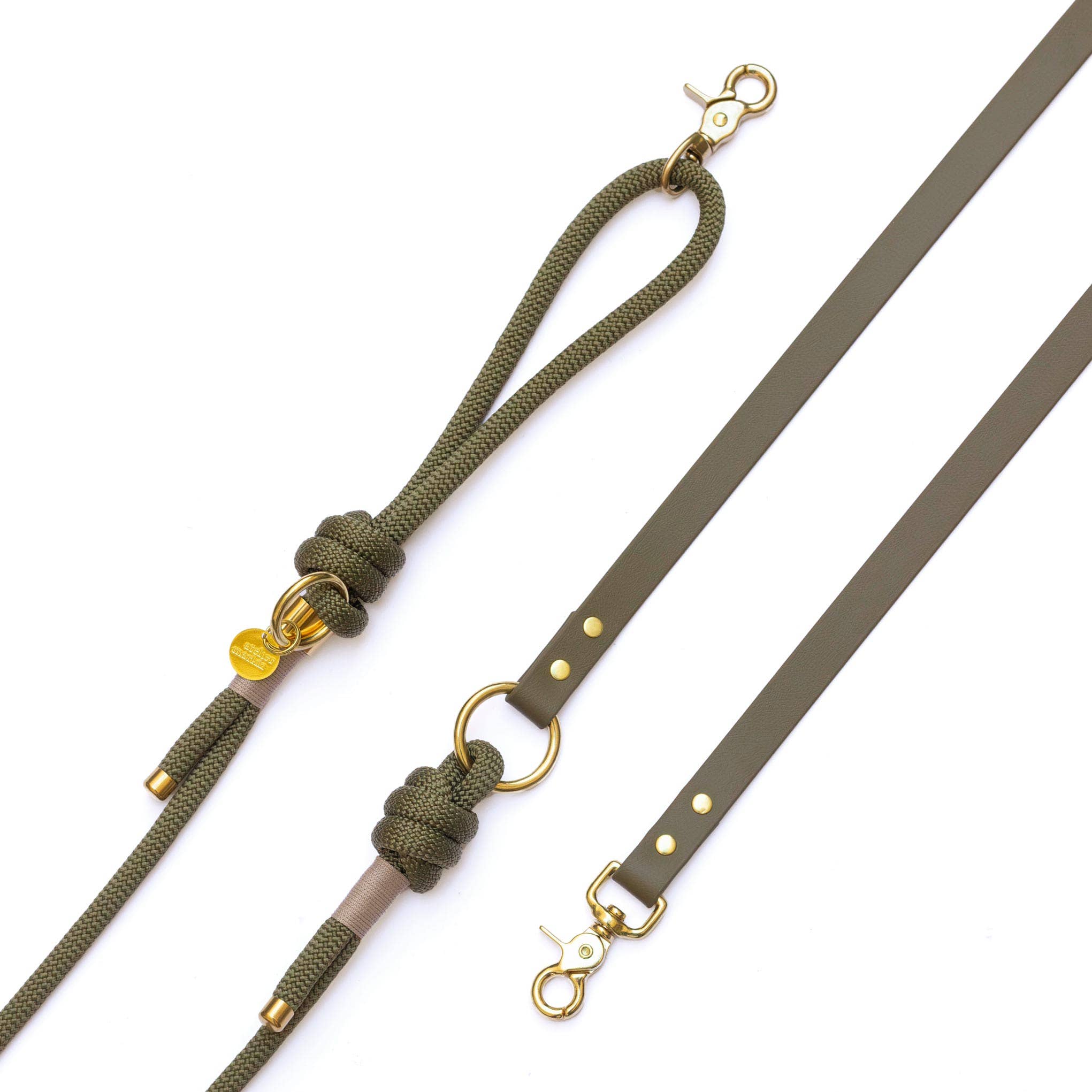 Khaki Hands-Free Rope × Biothane Leash – Gold Hardware