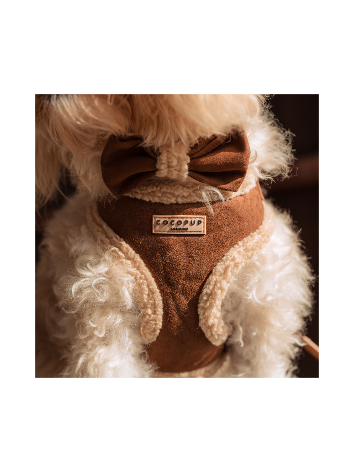 Brown Aviator Adjustable Neck Harness – Faux Suede with Fluffy Trim