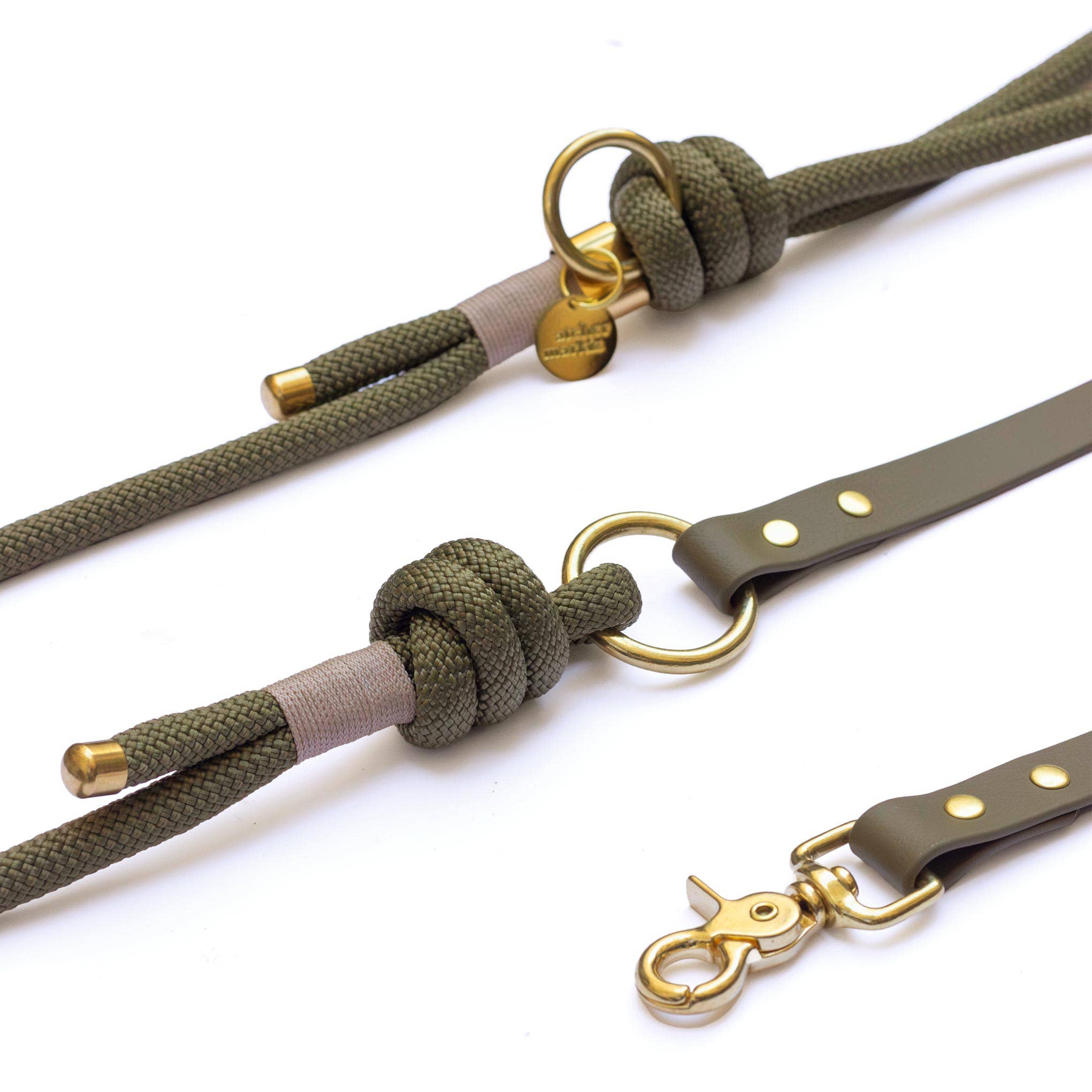 Khaki Hands-Free Rope × Biothane Leash – Silver Hardware