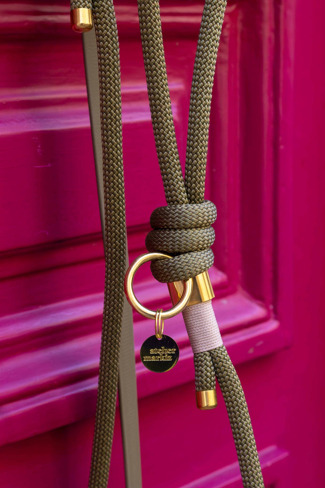 Khaki Hands-Free Rope × Biothane Leash – Gold Hardware